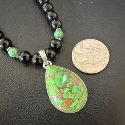 Green Mojave Turquoise & Onyx Pendant | Navajo Pearl Sterling Silver Necklace 21" | 17499