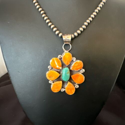 Navajo Blue Turquoise | Spiny Oyster Pendant Necklace | Sterling Silver | Multi-Stone | 16860