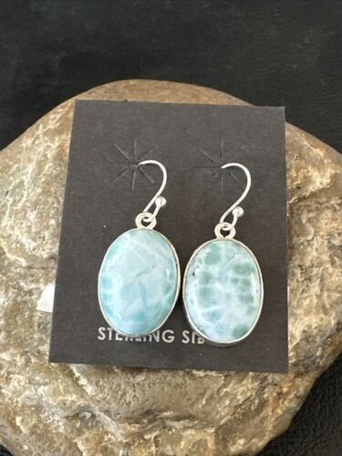 Navajo Blue Larimar Dangle Earrings | Sterling Silver | Authentic Native American Handmade | 17299