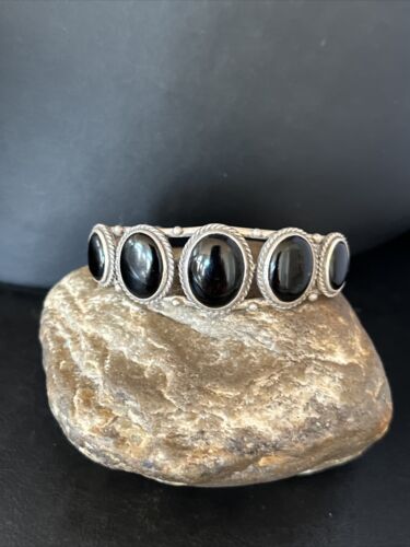 Navajo Sterling Silver Cuff Bracelet | Black Onyx 5 Stone | Authentic Native American Handmade | 14519