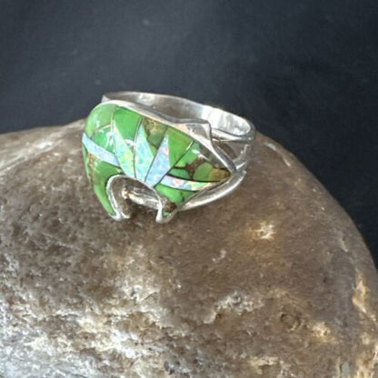 Navajo Bear Inlay Ring | Opal Green Turquoise | Sz 9.5 | Authentic Native American Handmade | 15396