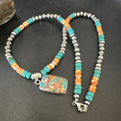 Navajo Spiny Turquoise Pendant Necklace | Sterling Silver | 22" | Authentic Native American Handmade | 17432