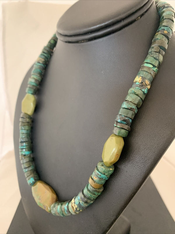 Men's Navajo Green Turquoise Nugget Heishi Bead Necklace | 21" | Sterling Silver | 02144