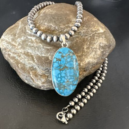 Men's Navajo Blue Spiderweb Turquoise Pendant Necklace | Sterling Silver | Authentic Native American Handmade | 16301