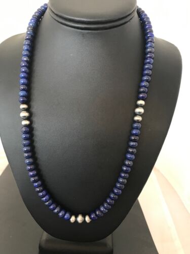 Pueblo Sterling Silver Navajo Lapis Men's Necklace | 22" | Authentic Native American Handmade | 15075