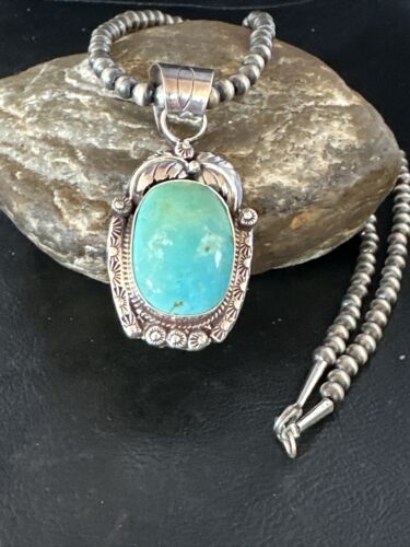 Navajo Pearls Blue Turquoise Necklace Pendant | Sterling Silver | Authentic Native American Handmade | 17390