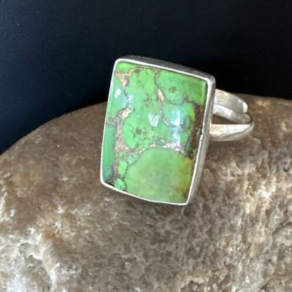 Adjustable Navajo Green Mojave Turquoise Ring | Sterling Silver | Sz 10 | Authentic Native American Handmade | 15698