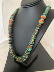 Navajo Sterling Silver Necklace | Green Turquoise & Spiny Oyster | Graduated | Authentic Native American | 32" | 02044
