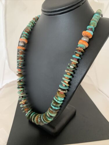 Navajo Sterling Silver Necklace | Green Turquoise & Spiny Oyster | Graduated | Authentic Native American | 32" | 02044