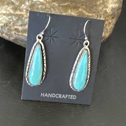 Navajo Blue Turquoise Dangle Earrings | Sterling Silver | Authentic Native American Handmade | 16511