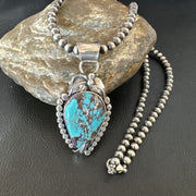 Navajo Blue Turquoise Pendant Necklace | Sterling Silver Pearls | Authentic Native American Handmade | 15642