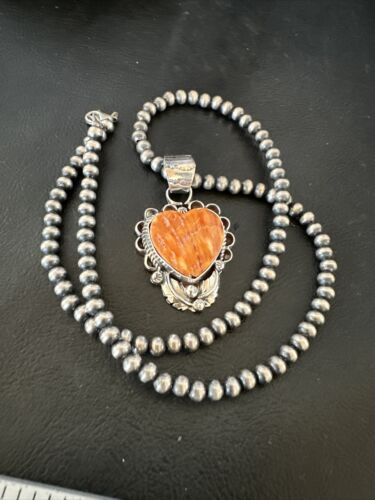 Navajo Orange Spiny Oyster Heart Pendant Necklace | Sterling Silver | Authentic Native American Handmade | 16419