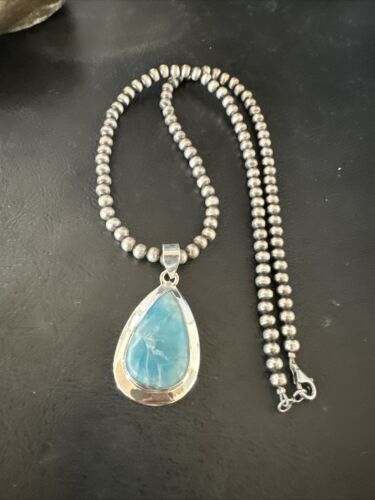 Navajo Blue Larimar Pendant Necklace | Sterling Silver Beads | Authentic Native American Handmade | 17604
