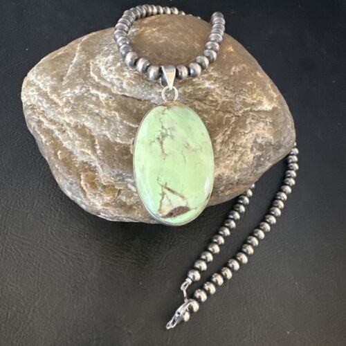 Navajo Green Gaspeite Pendant Necklace | Sterling Silver | Authentic Native American Handmade | 15487