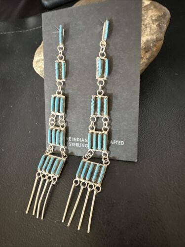 Zuni Kingman Turquoise Needle Point Dangle Earrings | Sterling Silver | 5 Tier | 14873