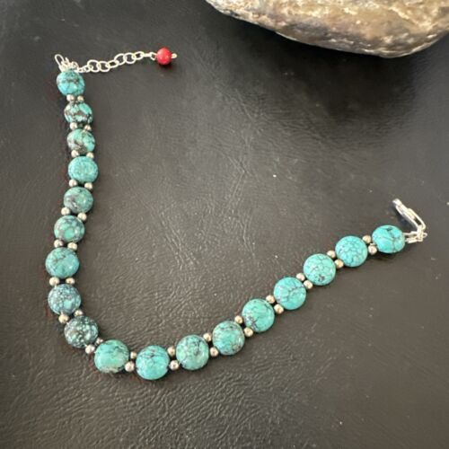 Southwestern Blue Turquoise Bead Link Bracelet | Sterling Silver | 8" | 17231