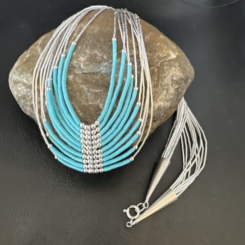 Navajo Blue Turquoise 10-Strand Heishi Necklace | Sterling Liquid Silver Tubes | 22" | 16448