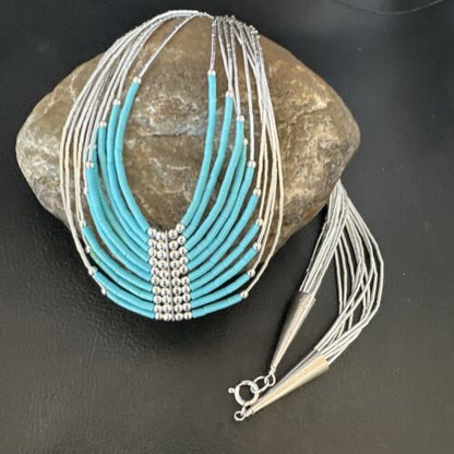 Navajo Blue Turquoise 10-Strand Heishi Necklace | Sterling Liquid Silver Tubes | 22" | 16448