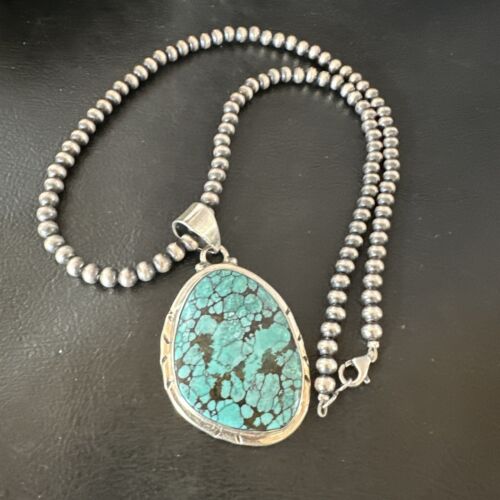 Men's Navajo Blue Spiderweb Turquoise Pendant Necklace | Sterling Silver | Authentic Native American Handmade | 16198