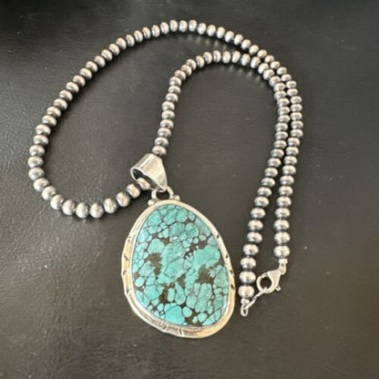 Men's Navajo Blue Spiderweb Turquoise Pendant Necklace | Sterling Silver | Authentic Native American Handmade | 16198