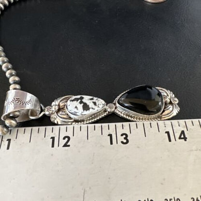 Navajo White Buffalo Turquoise Onyx Necklace Pendant | Sterling Silver | Authentic Native American Handmade | 15316
