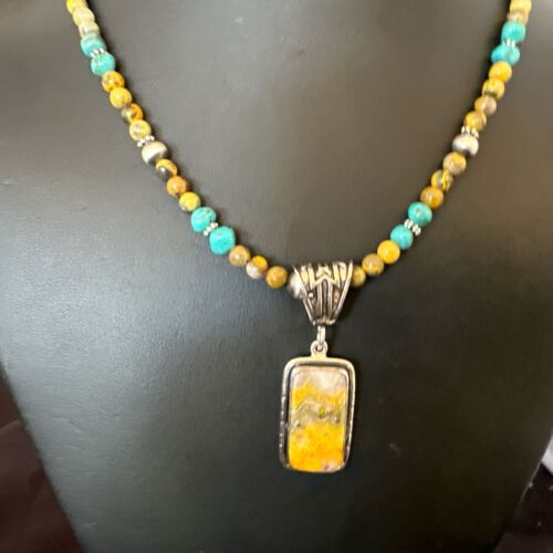 Men's BumbleBee Jasper Pendant Necklace | Navajo Pearls | Sterling Silver | Authentic Native American Handmade | 16880 - Masha USA