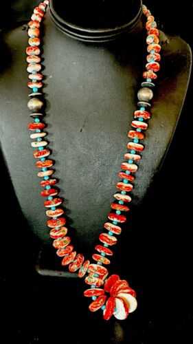 Navajo Blue Turquoise & Spiny Oyster Necklace | Sterling Silver | Authentic Native American | 22" | 17420