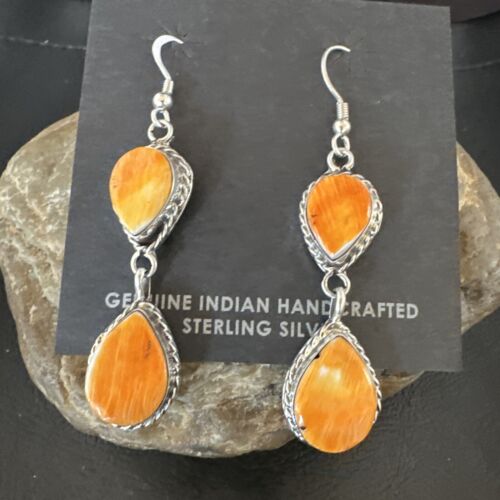 Navajo Orange Spiny Oyster Dangle Earrings | Sterling Silver | 1.5" | Authentic Native American Handmade | 16561