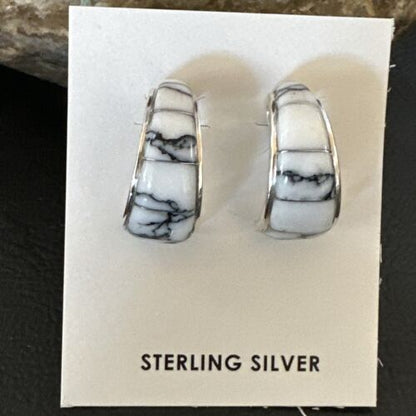 Navajo White Buffalo Turquoise Inlay Earrings | Sterling Silver | 0.5" | 16742