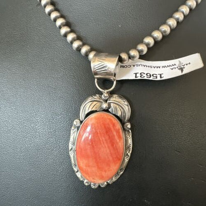 Navajo Orange Spiny Oyster Pendant Necklace | Sterling Silver | Authentic Native American Handmade | 15631