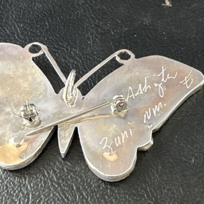 Zuni Butterfly Turquoise Mother of Pearl Onyx Inlay Pin Pendant | Sterling Silver | 15151