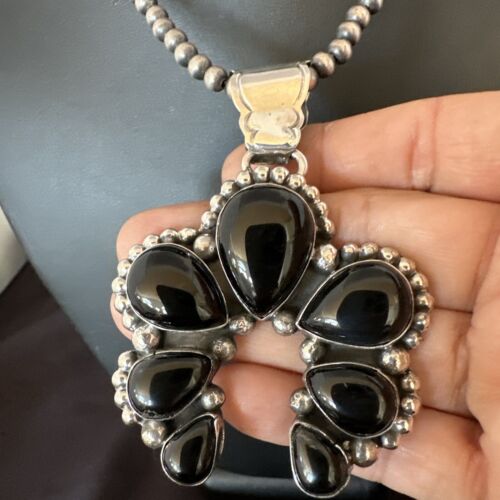 Navajo Men's Black Onyx Naja Pendant Necklace | Sterling Silver | 16103