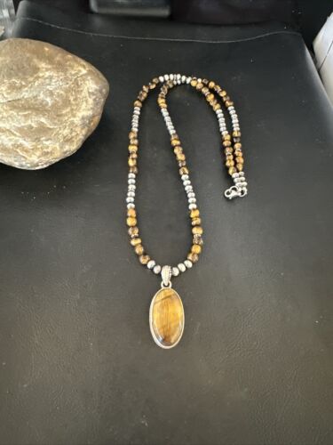 Navajo Coffee Tiger's Eye Pendant Necklace | Sterling Silver | 26" | Authentic Native American Handmade | 14886
