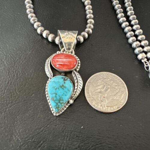 Navajo Blue Turquoise Red Spiny Oyster Pendant Necklace | Sterling Silver | Multi-Stone | 16291
