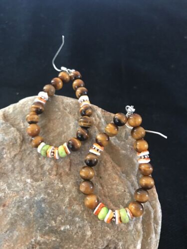 Navajo Sterling Silver Dangle Earrings | Tigers Eye, Spiny Oyster, Turquoise | Authentic Native American Handmade | 3770 - Masha USA