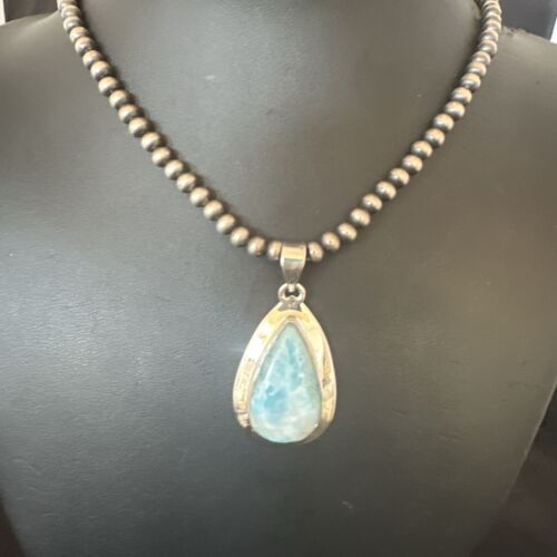 Navajo Blue Larimar Pendant Necklace | Sterling Silver Beads | Authentic Native American Handmade | 16962