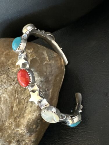 Fourth July Blue Turquoise Coral Mother Of Pearl Navajo Sterling Silver Cuff Bracelet 15338