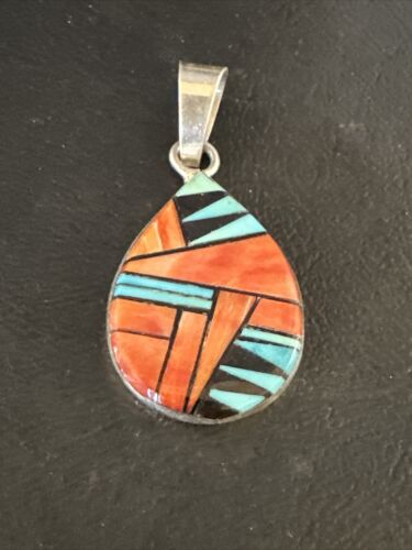 Women's Blue Turquoise & Spiny Oyster Inlay Pendant | Navajo Sterling Silver | Authentic Native American Jewelry | 15196