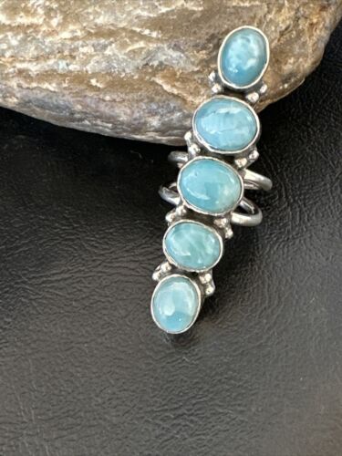 Navajo Women's Cluster Blue Larimar Ring | Authentic Native American Sterling Silver | Multi-Stone | Sz 7 | 16155