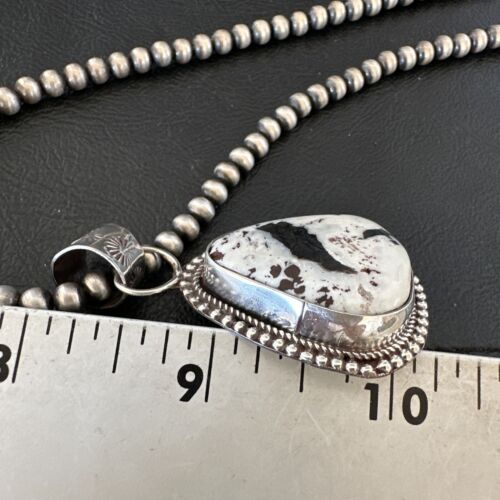 Navajo White Buffalo Turquoise Pendant | Sterling Silver Pearls Necklace | Authentic Native American Handmade | 17107