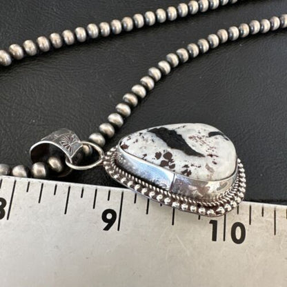 Navajo White Buffalo Turquoise Pendant | Sterling Silver Pearls Necklace | Authentic Native American Handmade | 17107