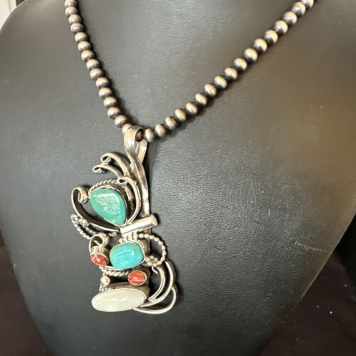 Navajo Kingman Turquoise Spiny Oyster | Mother of Pearl Necklace Pendant | Sterling Silver | 15952