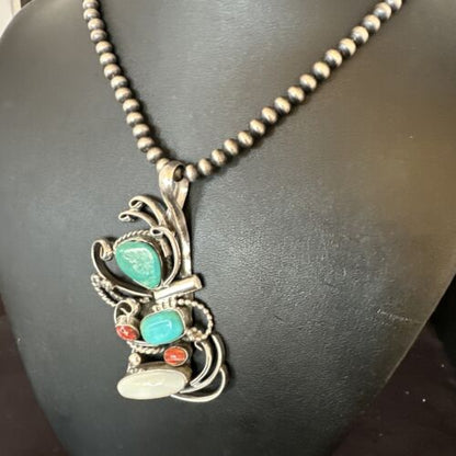 Navajo Kingman Turquoise Spiny Oyster | Mother of Pearl Necklace Pendant | Sterling Silver | 15952