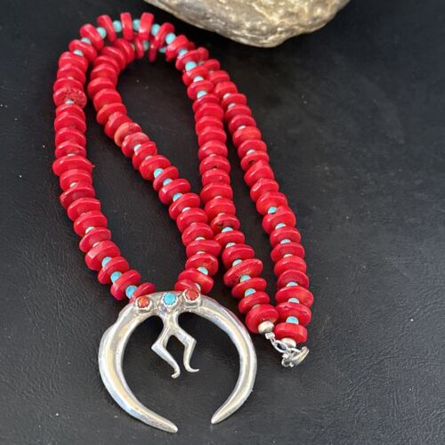 Navajo Blue Turquoise Naja Red Coral Sterling Silver Pendant Necklace 24" | Native American | 14434 - Masha USA
