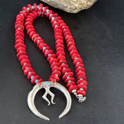 Navajo Blue Turquoise Naja Red Coral Sterling Silver Pendant Necklace 24" | Native American | 14434 - Masha USA