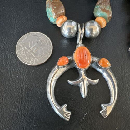 Navajo Men's Green Turquoise Spiny Oyster Naja Pendant Necklace | Sterling Silver | 22" | Authentic Native American Handmade | 15224