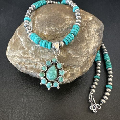 Navajo Blue Turquoise Cluster Pendant Necklace | Sterling Silver | Native American Handmade | 15815
