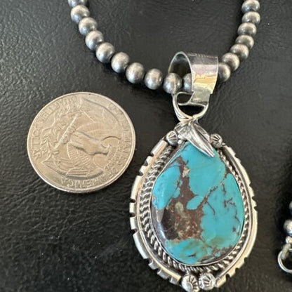 Navajo Blue Kingman Turquoise Pendant Necklace | Sterling Silver | Native American Handmade | 16023