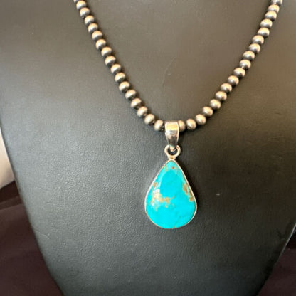 Navajo Blue Kingman Turquoise Pendant Necklace | Sterling Silver | 20" | Authentic Native American Handmade | 16674