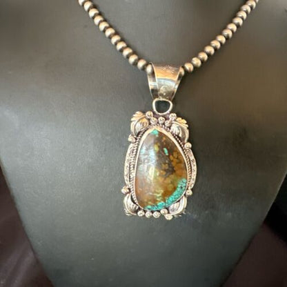 Men's Navajo Green Turquoise Pendant Necklace | Sterling Silver | Authentic Native American Handmade | 17528